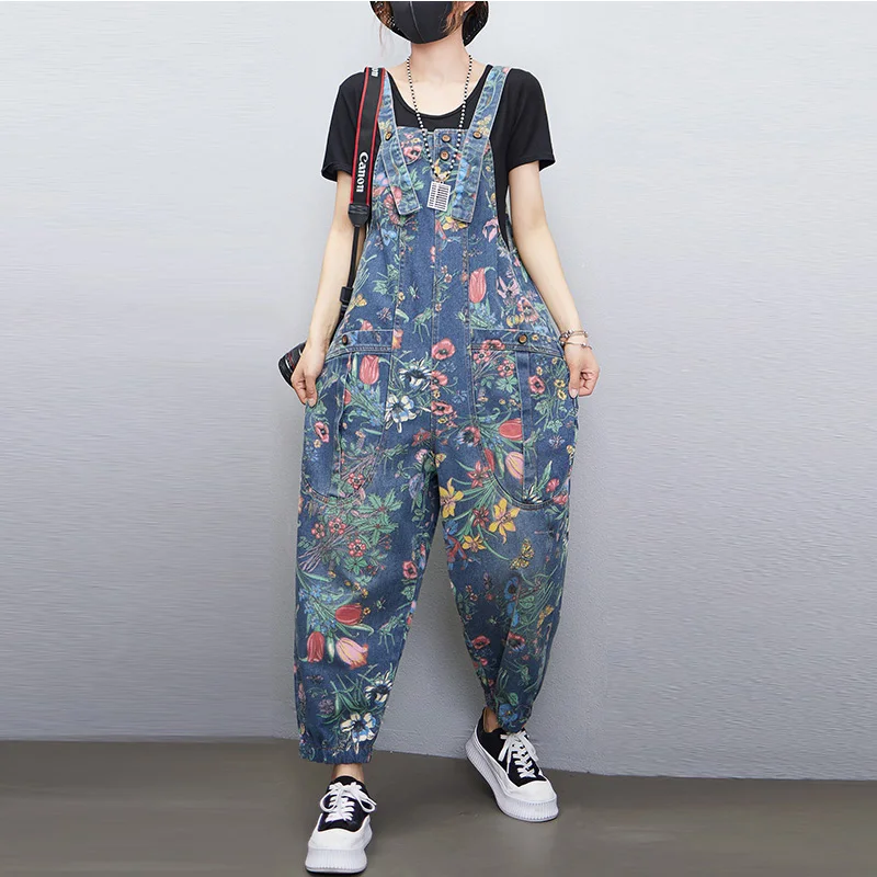 カジュアルストリートプリント花デニムジャンプスーツ女性ルーズだぶだぶワイドレッグパンツロンパースビッグサイズポケットストラップジーンズオーバーオール