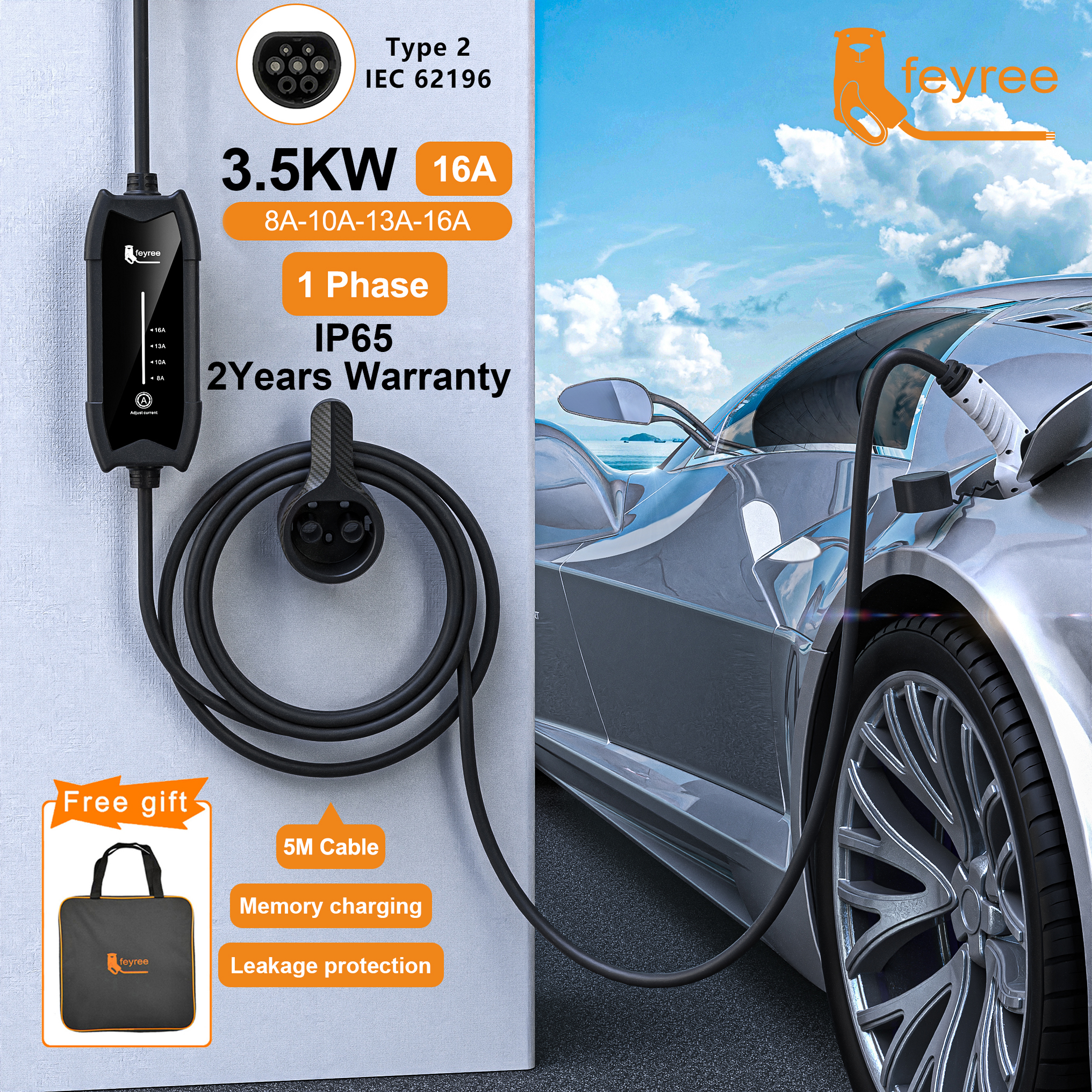 Feyree Type2 3.5KW 16A 1相 EV 充電器ポータブル充電ボックス電流調整可能な 5 メートルケーブル充電ステーション電気自動車用