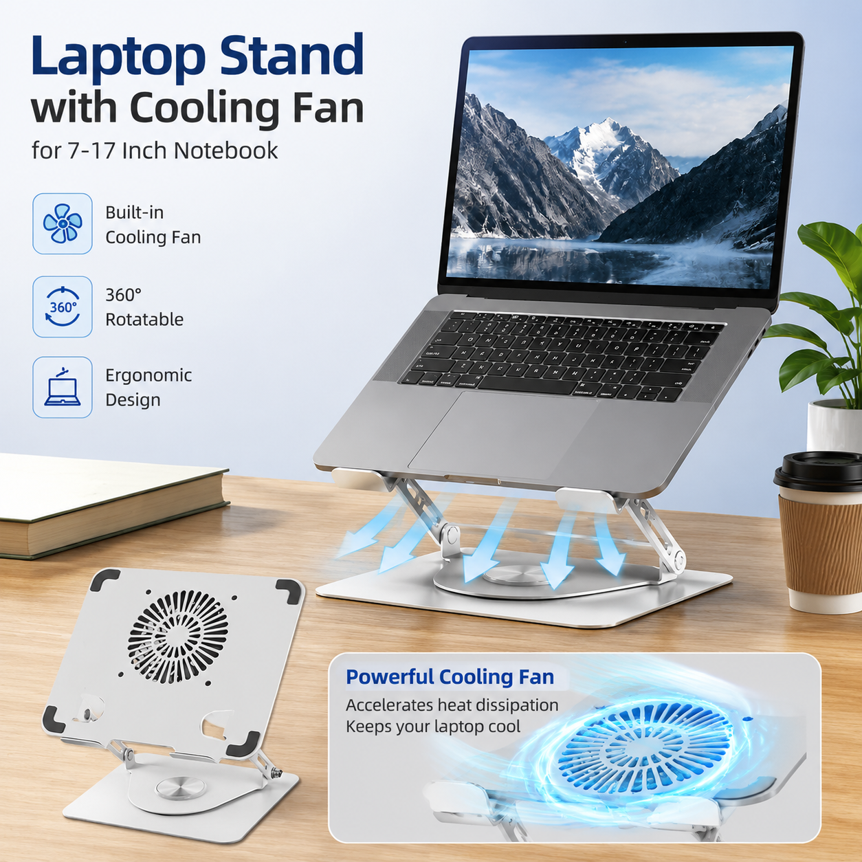 ラップトップスタンド コンピュータ冷却ファン付き 7-17インチノートブック Apple MacBook Lenovo用 アルミニウム合金ブラケット デスクトップクーラー