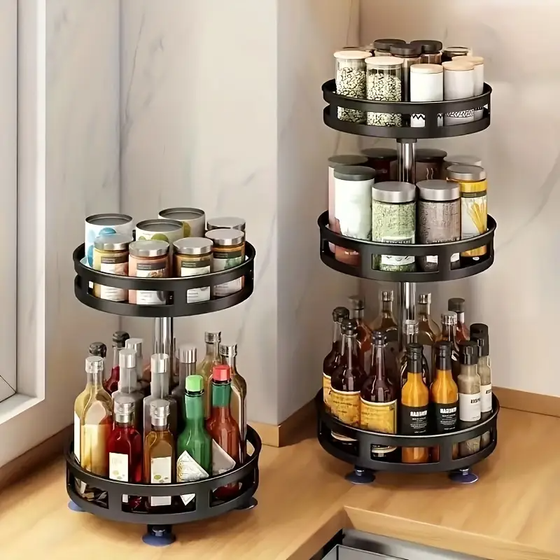 3段金属回転オーガナイザースパイスラック調味料缶キッチンアクセサリー用360度滑り止め炭素鋼収納トレイ