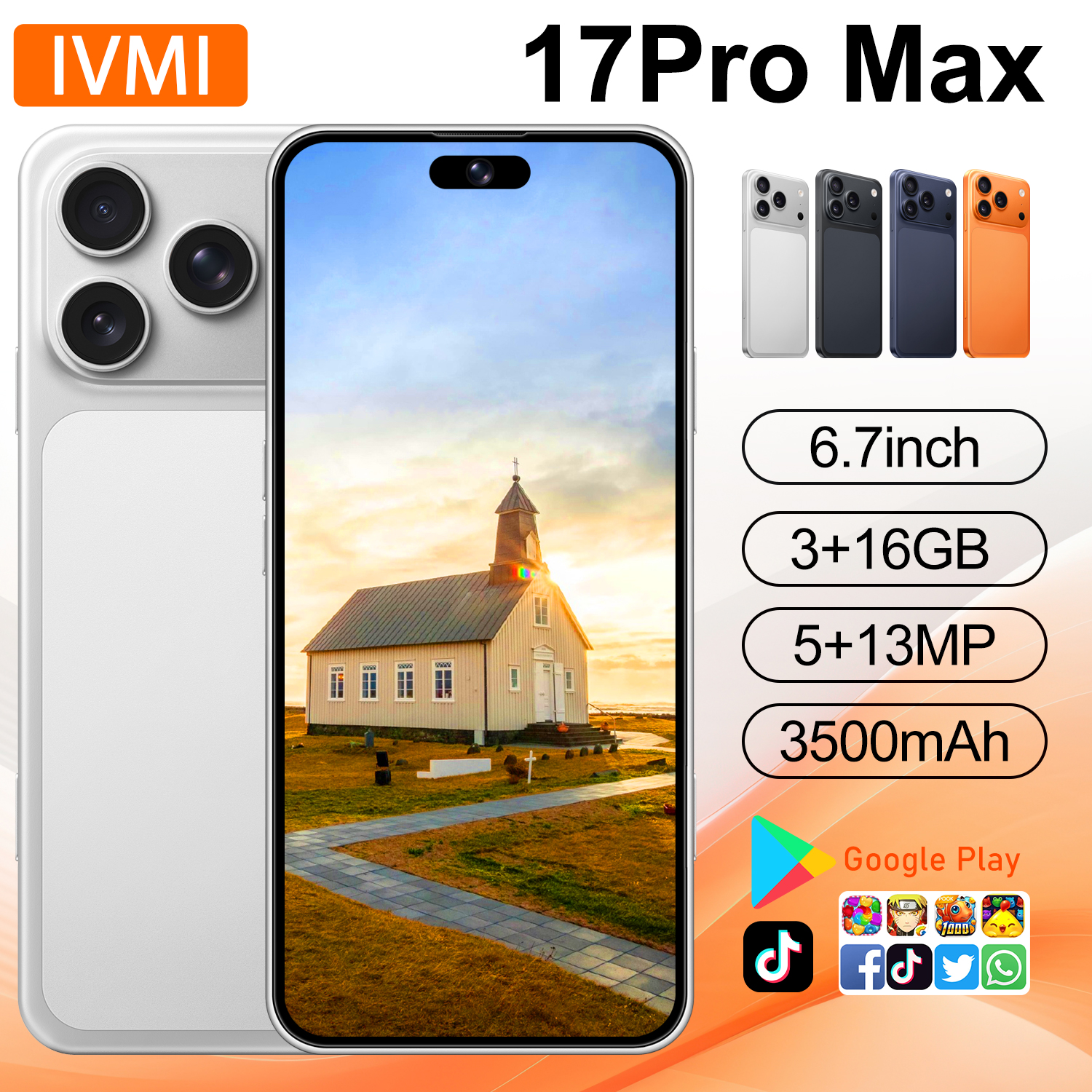 IVMI 17 Pro Max 6.7インチ スマートフォン 3GB 16GB 5MP 13MP カメラ Bluetooth Wi-Fi Google 対応携帯電話