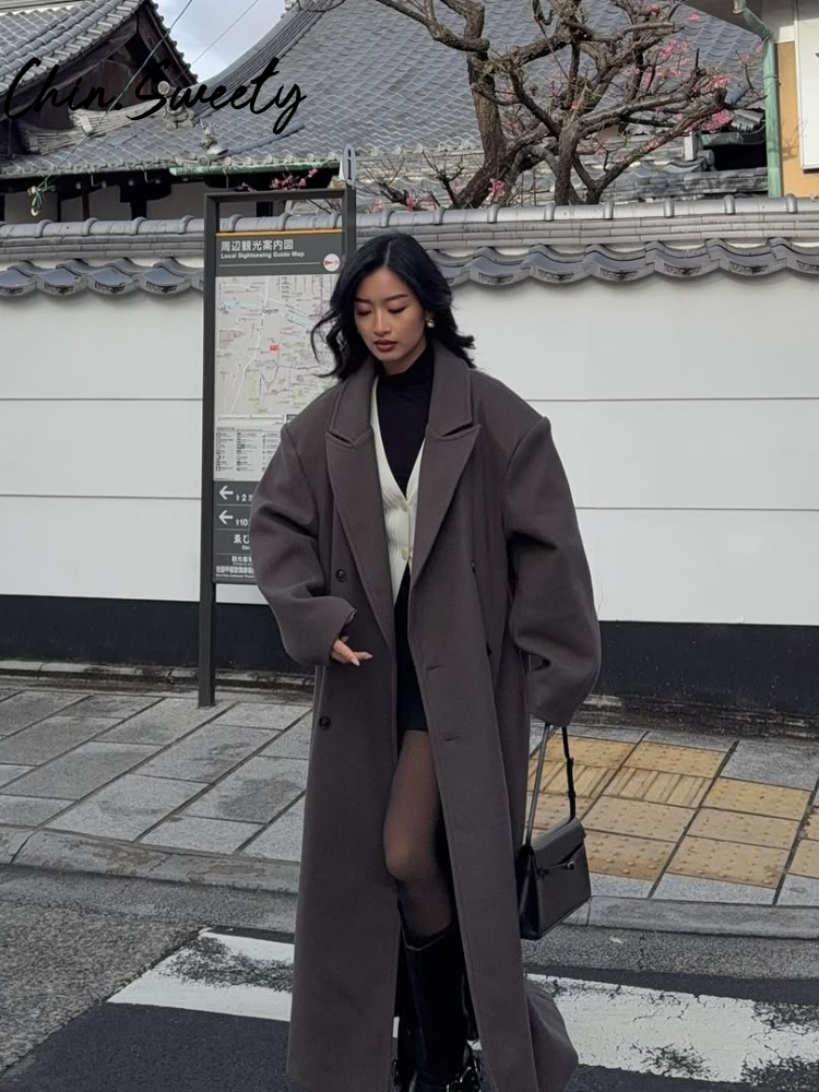都市女性ウールロングコートカジュアルフルスリーブラペルダブルブレスト女性コート 2025 秋冬カジュアルレディストリート