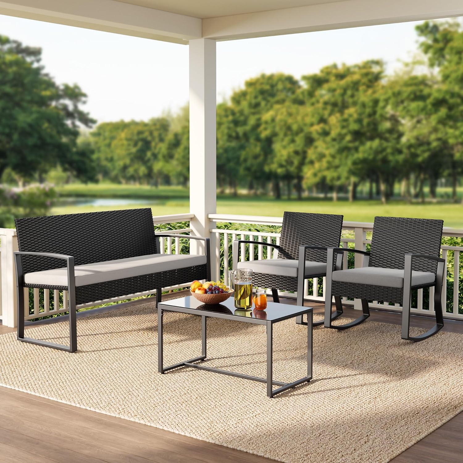 屋外パティオ家具4点セット、ガラスコーヒーテーブル付き籐パティオ家具、ロッキング籐ビストロセット、カスタマイズ済み