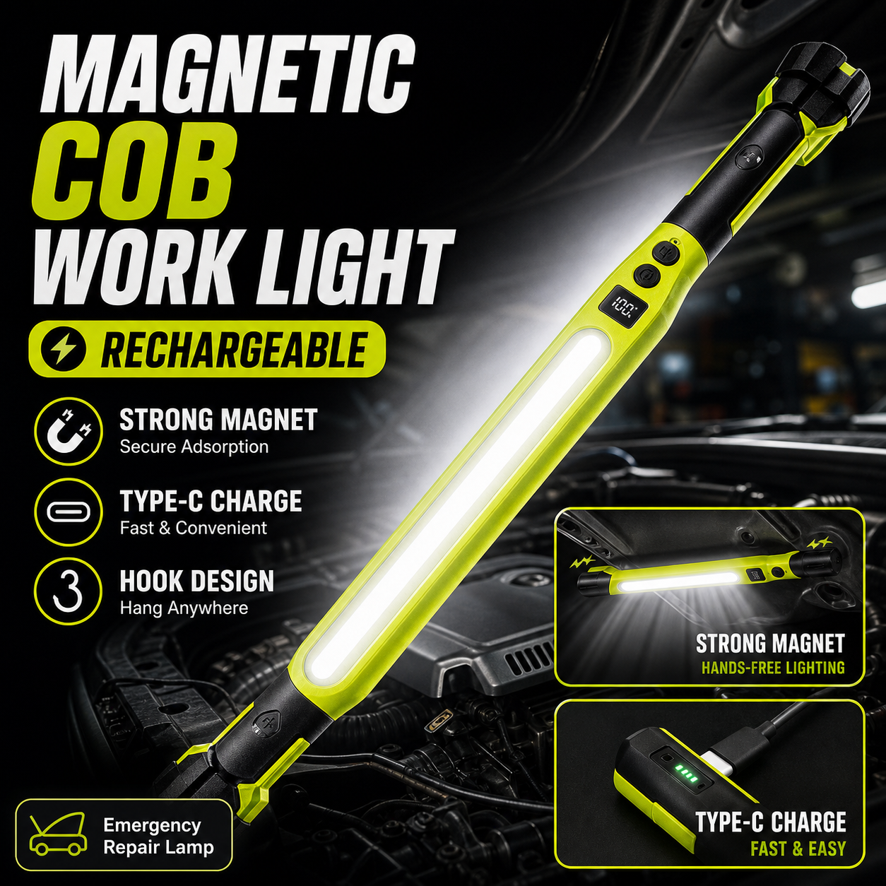 ポータブル COB LED ワークライト磁気吸引充電式緊急メンテナンスランプ強力なマグネットフックキャンプ屋外ツールリグ