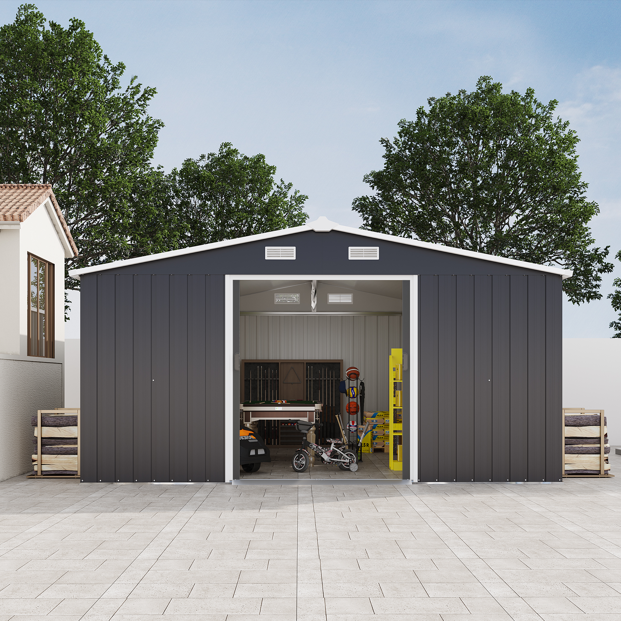 屋外収納小屋 6x4フィート 大型金属製ユーティリティツール小屋 床フレーム付き スチールガーデンシェッド 裏庭庭パティオ芝生用