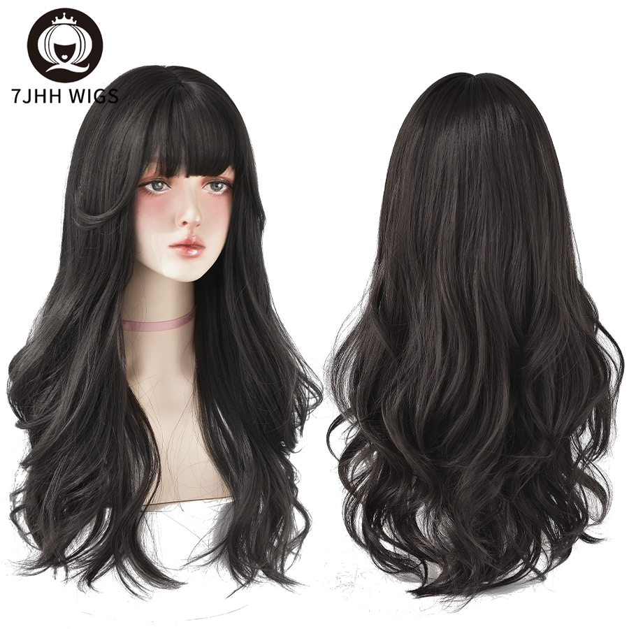 7JHH かつら人気ブラウンアッシュロングディープウェーブヘアロリータウィッグ前髪合成かつら女性のためのファッション厚いカールかつら女の子