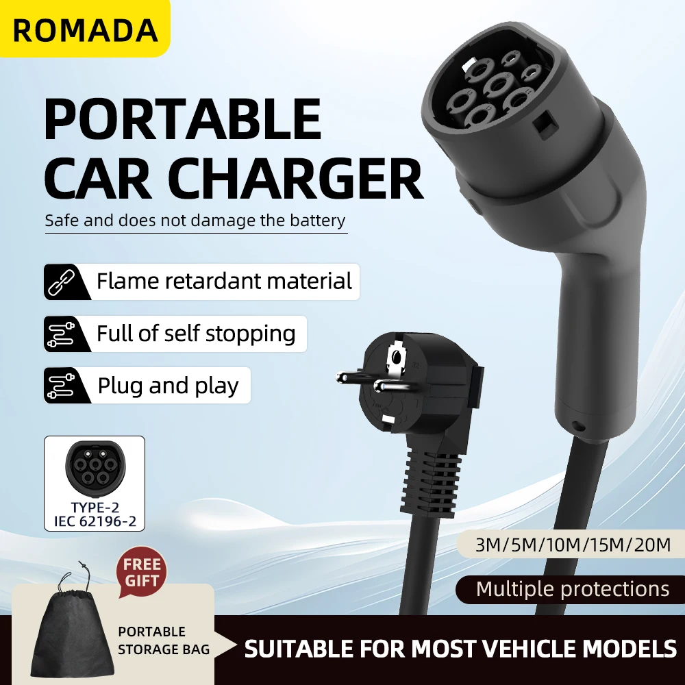 ポータブル 3.5KW 16A EV 充電器 3M-20M ケーブル Type2 IEC62196 EU プラグウォールボックスアダプタープラグと電気自動車用充電器