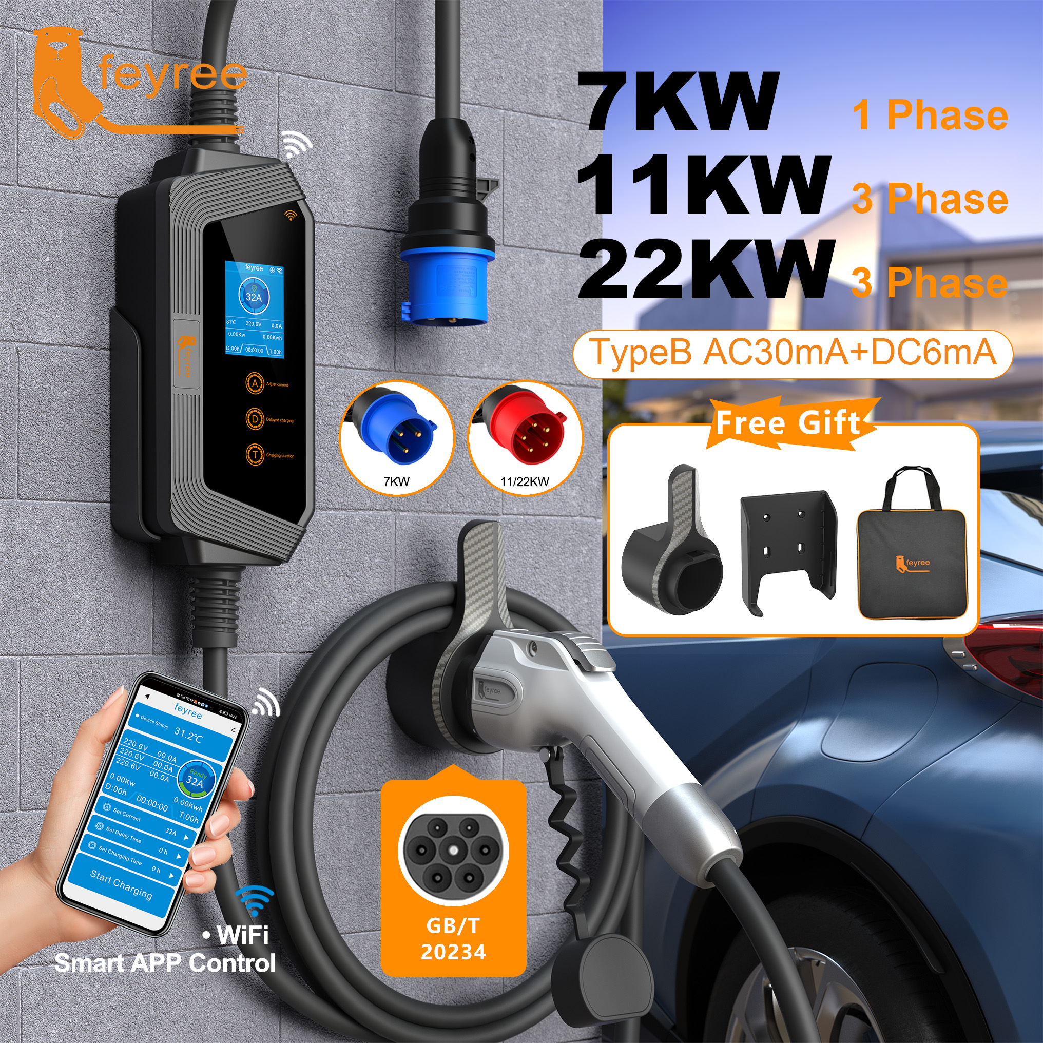 Feyree GBT ソケット 22KW 11KW 3P 高速スマート充電アプリ Bluetooth バージョン 7KW 32A 1P EVSE ポータブル充電ボックス電気自動車用