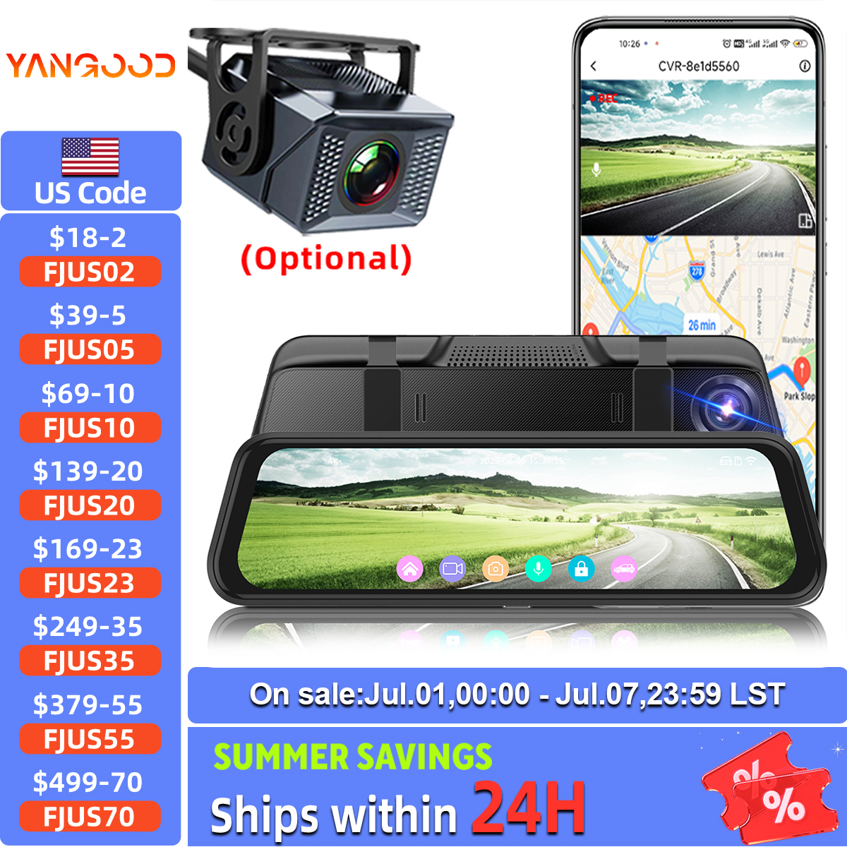 Yangood 4K ダッシュカム ミラー DVR WiFi ADAS 9.66 フィート タッチスクリーン オプション 2.5K リアカメラ 24H 駐車場ナイトビジョン ブラックボックス