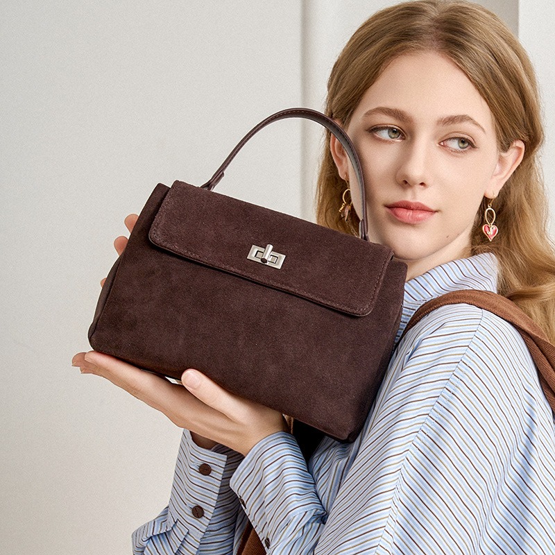 BURMINSA スエード本革ショルダーバッグ女性のためのレトロトップハンドルフラップクロスボディ財布エレガントなワークソフトサッチェルハンドバッグ