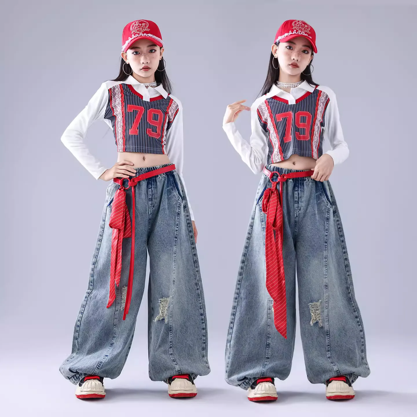 子供 Kpop ヒップホップ服ストライプレース作物 Tシャツデニム湾曲刃リッピングジーンズパンツ用女の子ストリートダンス衣装服