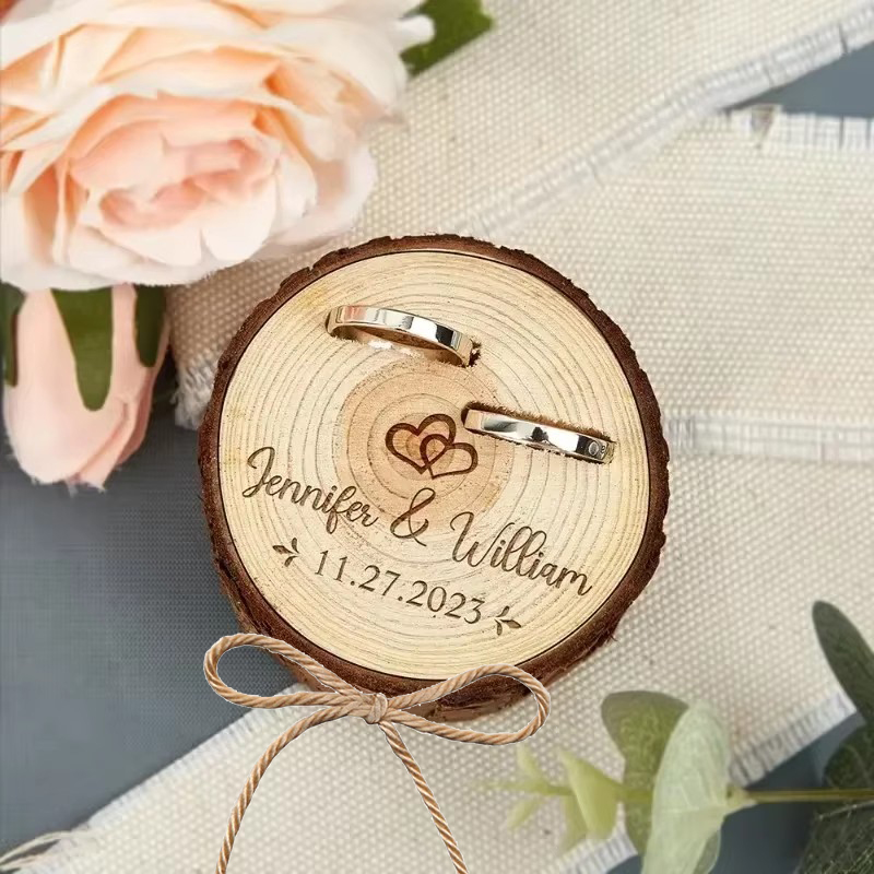 木製ダブルスロットリングボックス結婚式婚約記念日ギフト刻印リングベアラーホルダーボックス無料パーソナライズ