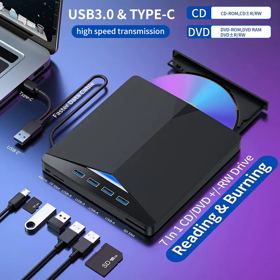 7-in-1 USB 3.0 Type C TF SD 外部 CD DVD RW 光学ドライブ DVD バーナー レコーダー リーダー プレーヤー トレイ タイプ PC ラップトップ ノートブック用