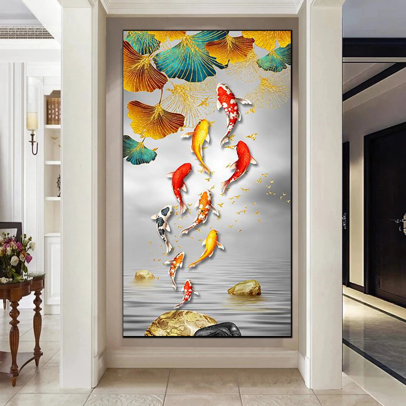 中国風の赤い鯉幸運の鯉キャンバス絵画風水金魚ポスター画像壁アートリビングルーム廊下家の装飾