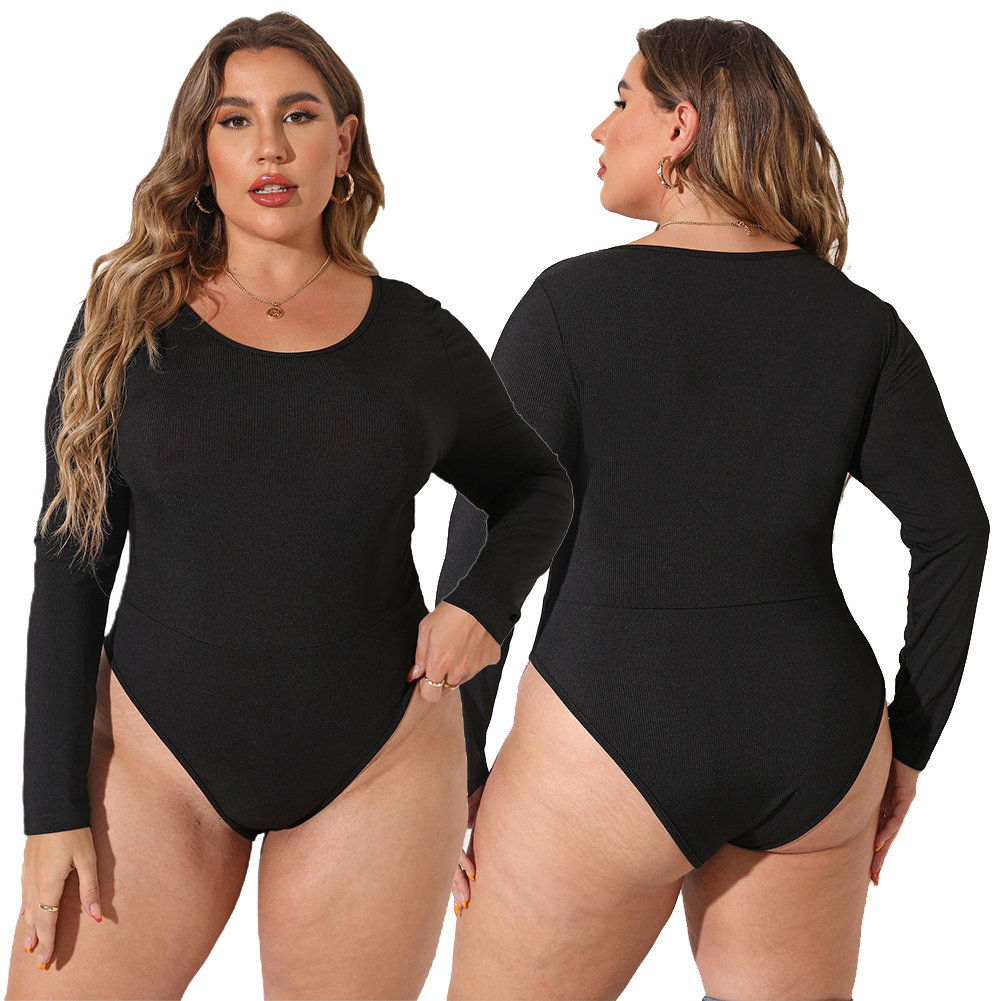 L-4XL サイズプラスサイズの女性の Tシャツリブニットジャンプスーツ長袖痩身フィットトップス黒色女性ボディスーツ