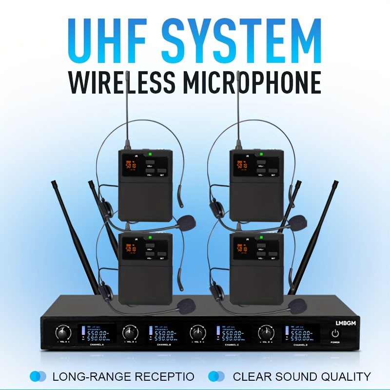 LMBGM AU500 プロフェッショナル UHF ワイヤレスマイクシステム、赤外線ペアリング、4 チャンネルヘッドセットマイク、ステージ教会結婚式用