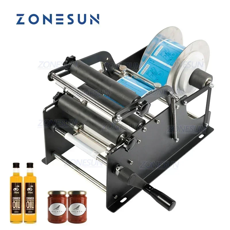 ZONESUN ハンドルラベルアプリケーター付き手動ラベリングマシン金属ラウンドボトル包装機ボトルラベラー ZS-50P
