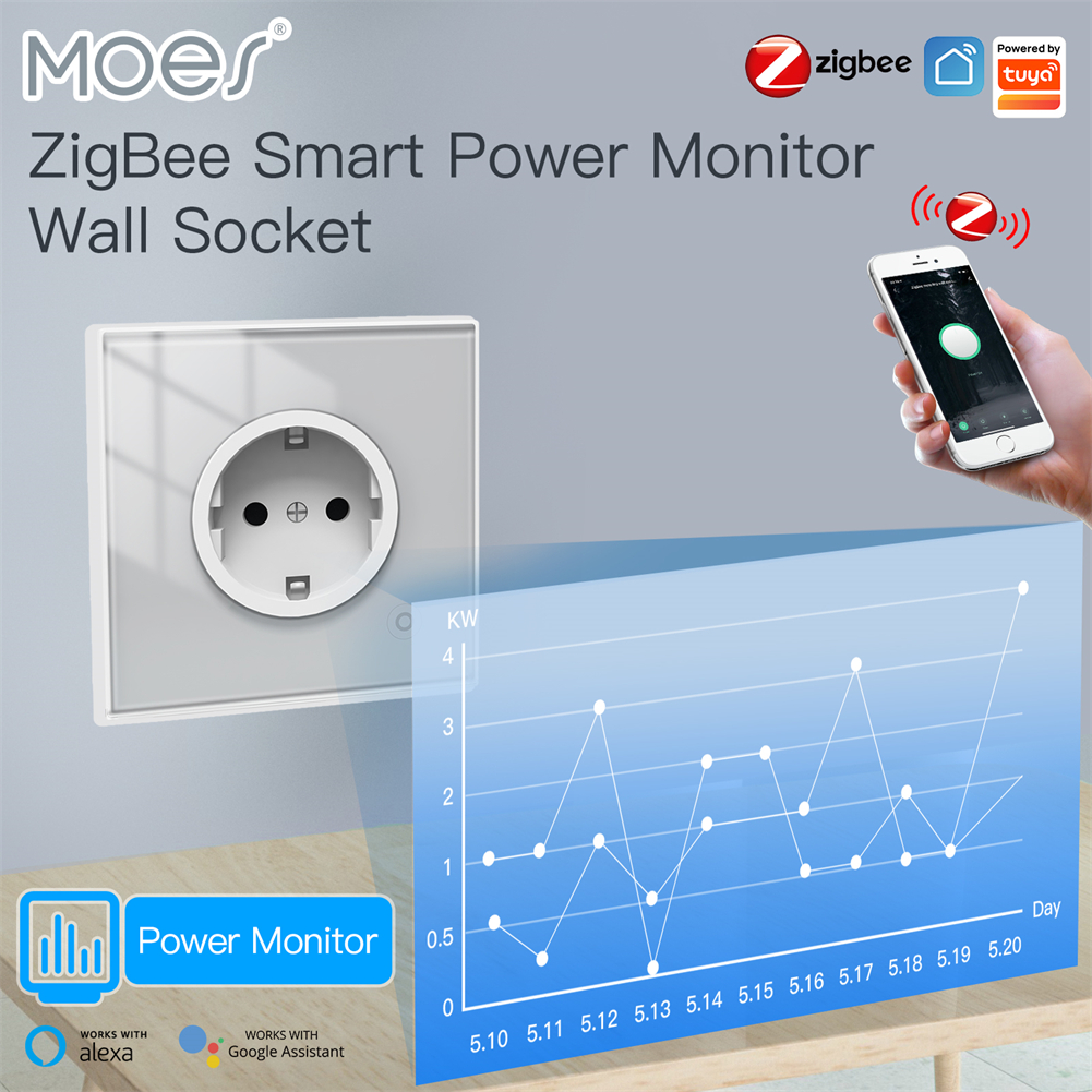 MOES ZigBee スマートウォールソケット、ガラスパネルコンセント、パワーモニター、タイマー付き tuya ワイヤレスコントロールメッシュ、Alexa Google Home voice EU