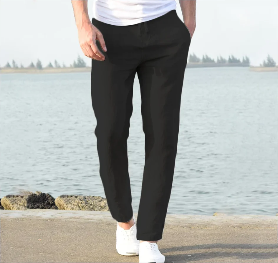 メンズビーチコットンリネンパンツ男性春夏秋通気性ソリッドカラー休暇ズボンフィットネスストリート服