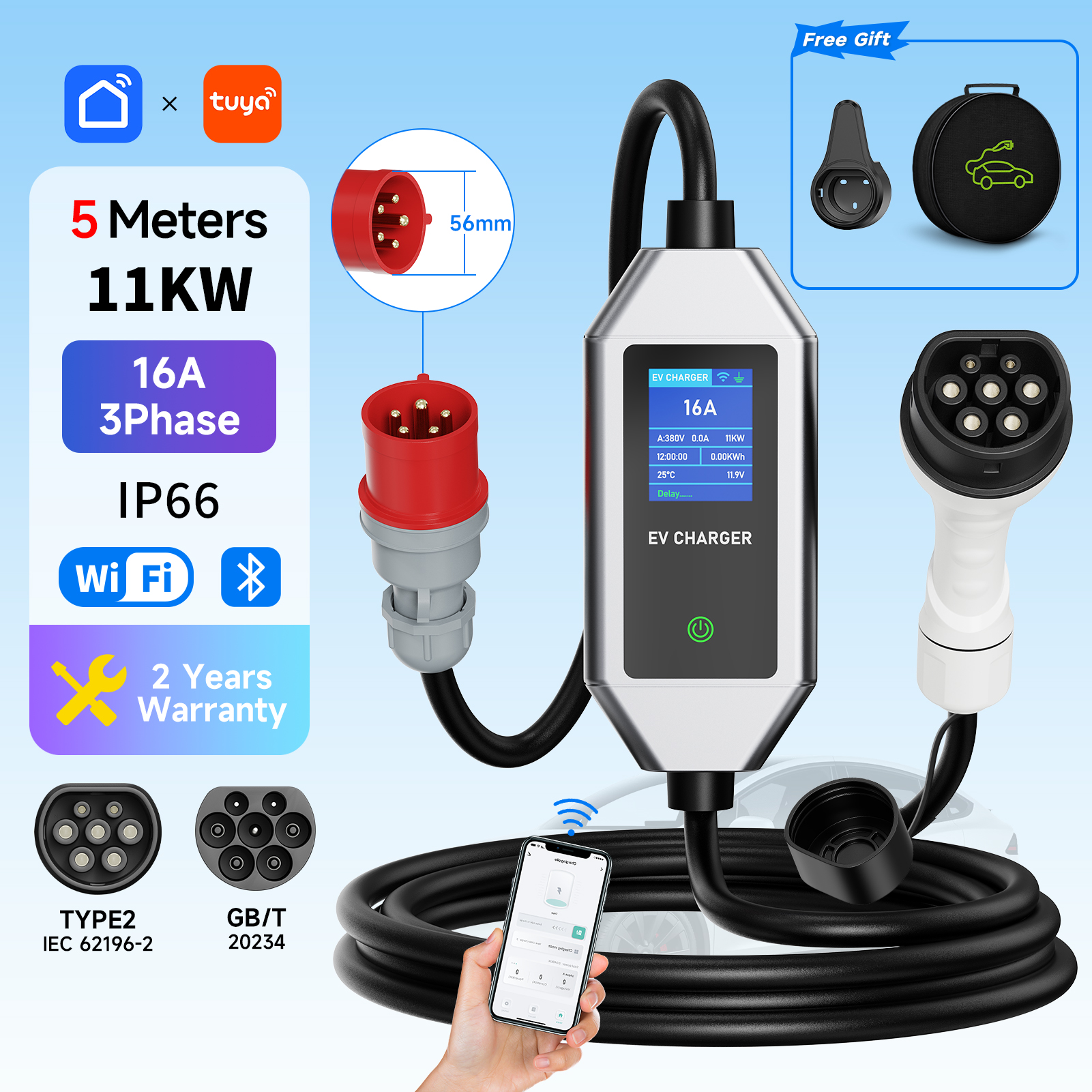 11KW ポータブル EV 充電ステーション Type2/GBT Mennekes EVSE ケーブル 16A 3 相電気 PHEV 車用 CEE プラグ高速充電
