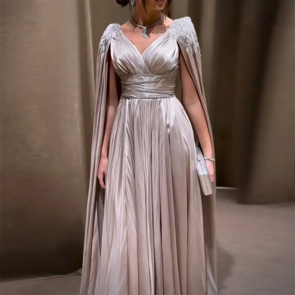Exquisite V-Neck Satin Evening Dress Luxury Long Sleeves Homecoming Dresses Delicate Crystal Customized Special Occasion Gowns