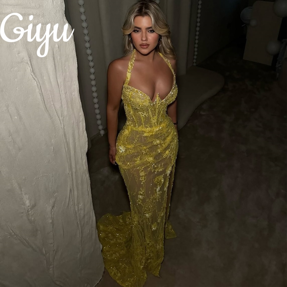Giyu Elegant Sparkly Mermaid Prom Dresses Halter Sleeveless Beading 2025 Evening Dresses Special Occasions فساتين سهرة