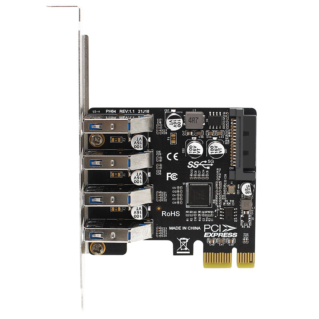 PCIe - 4ポートUSB3.0ハブ+SATA 15ピン電源5Gbps PCI Express拡張カードUSB 3.0コントローラーアダプター（2U/4UケースデスクトップPC用）