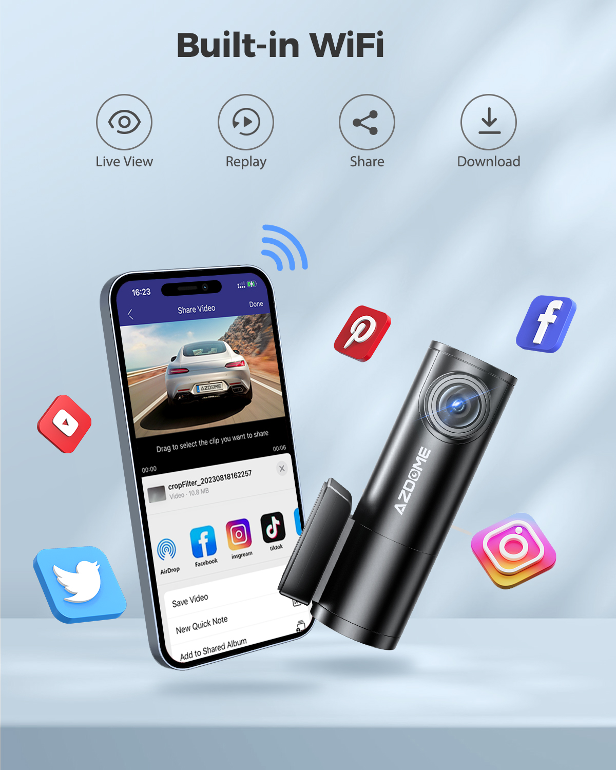AZDOME ダッシュカム 1296P WiFi ダッシュカメラ 車用 音声制御 ダッシュカム ナイトビジョン ループ録画 Gセンサー 24H 駐車監視