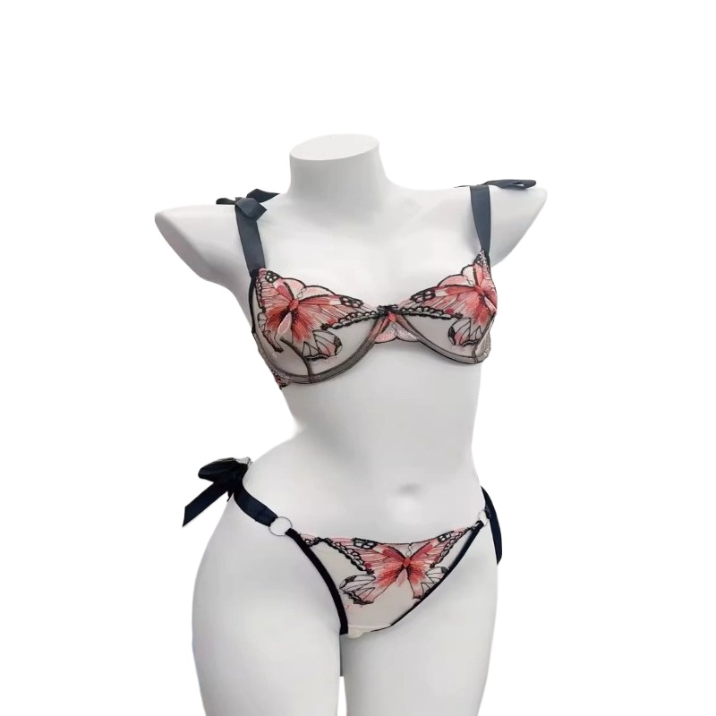 Sheer Ultra Thin Lace Lingerie Set Women, French Butterfly Embroidery Push Up Bra, Soft Underwire Supportive Intimate Sleepwear