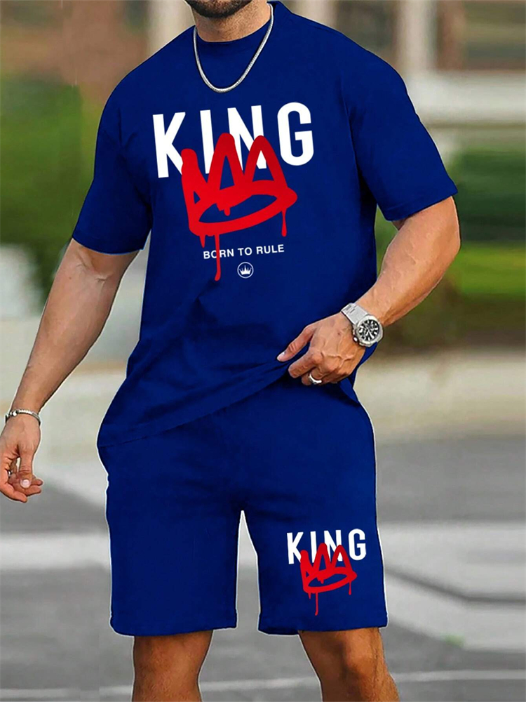 新しいメンズ半袖ショーツセットファッションキングプリント Tシャツショーツ 2 セットのカジュアルラウンドネックジャンパー通気性スポーツウェア