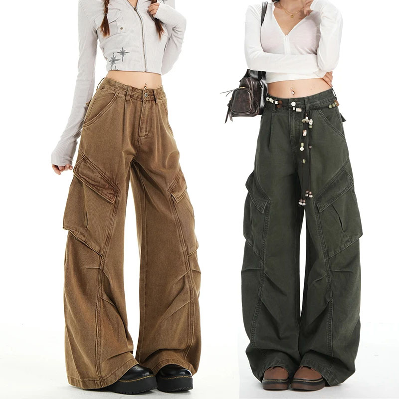 レトロカジュアルハイウエストだぶだぶのカーゴジーンズ女性ウォッシュ加工ワイドレッグパンツブラウンデニム Y2K ストリートヴィンテージズボン