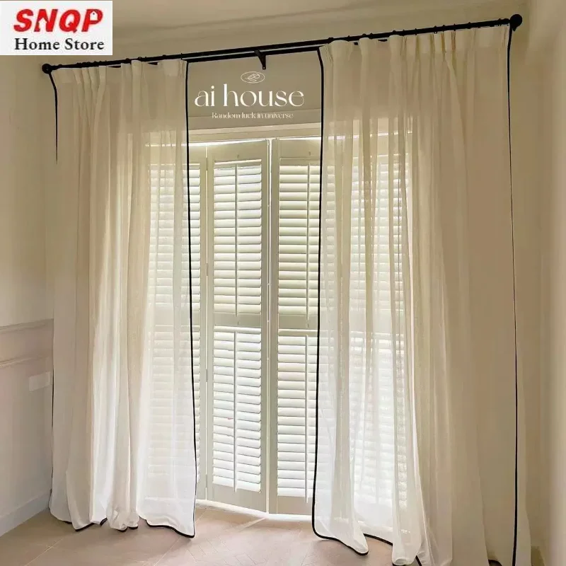 French Cotton Linen Beige Tulle Sheer Curtain for Living Room Luxury Blackout Bedroom Dining Window Gauze Black Edge Elegant
