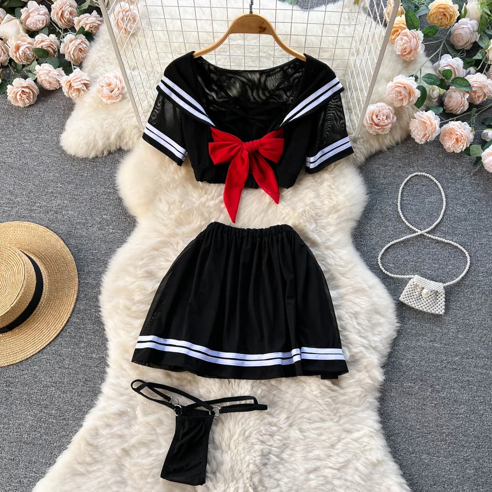 新しいセーラー和風甘い Erotict スーツ女性半袖弓タイトッププリーツミニスカートランジェリー女性薄手のセクシーなセット