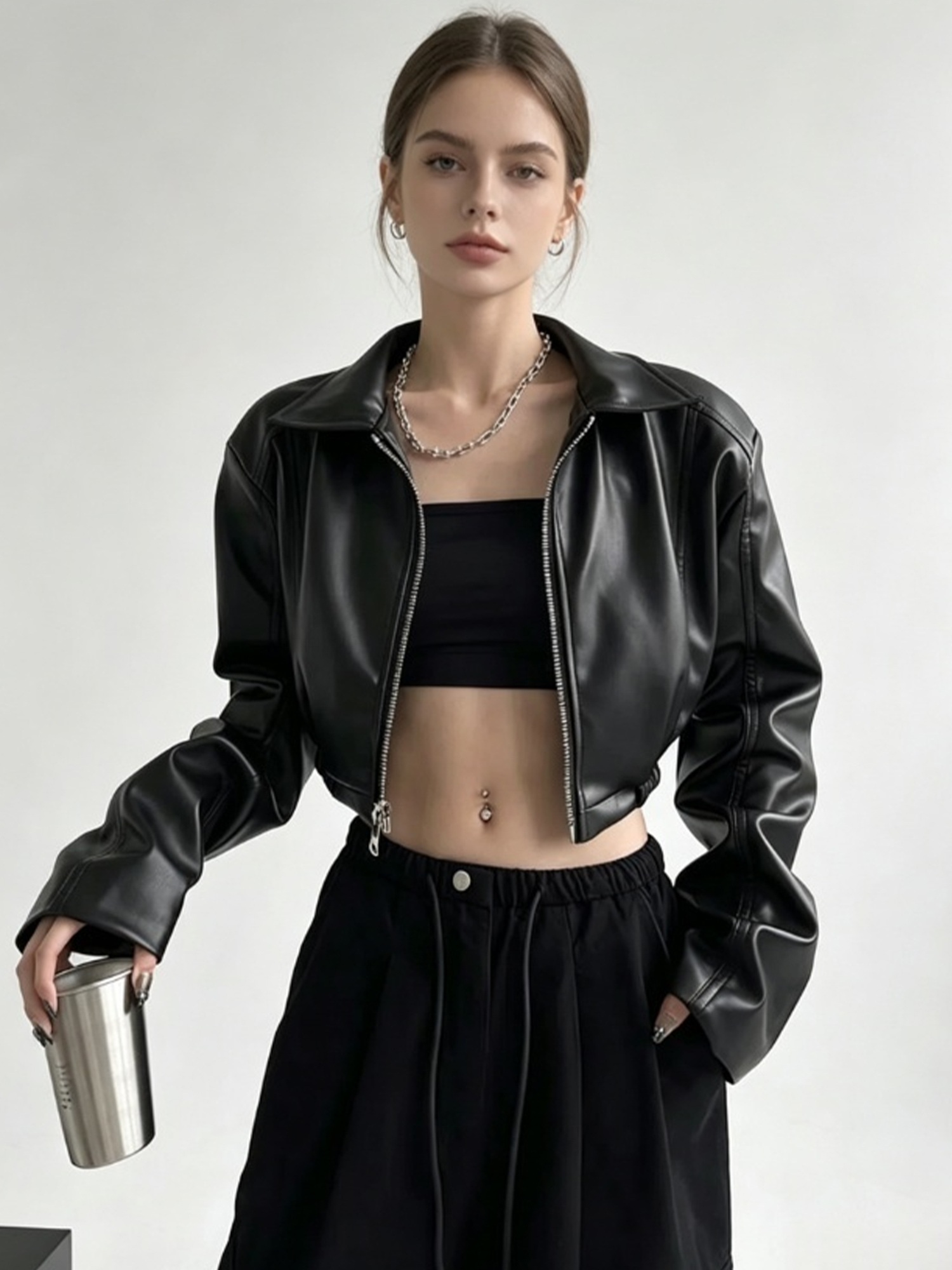 女性黒ゴシック長袖ラペル Pu レザーコートヴィンテージオートバイマスタングジャケットヒップホップ丈バイカージャケット服 2026