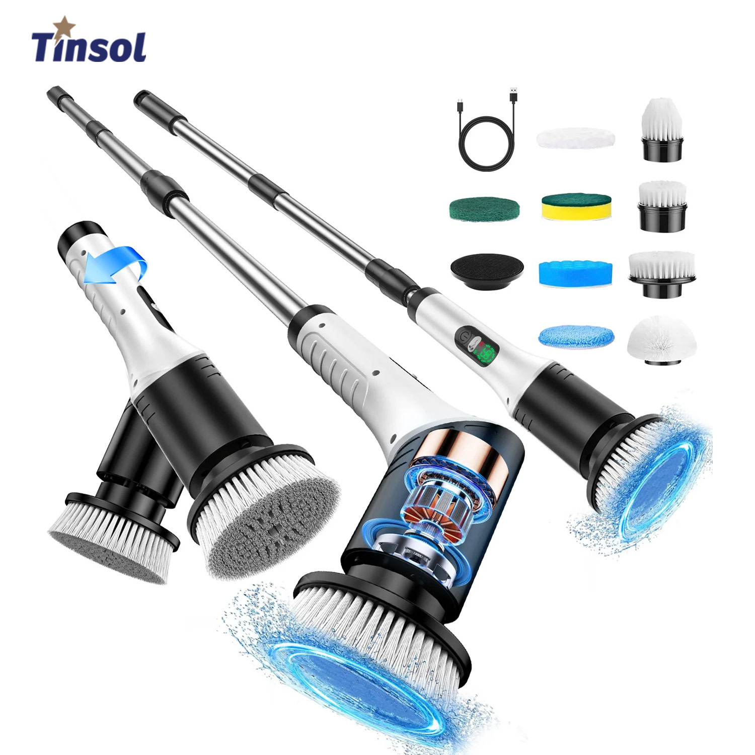 TINSOL 新 9-in-1 多機能電動クリーニングブラシコードレスロータリークリーニングブラシハンドヘルド格納式デジタルクリーナー