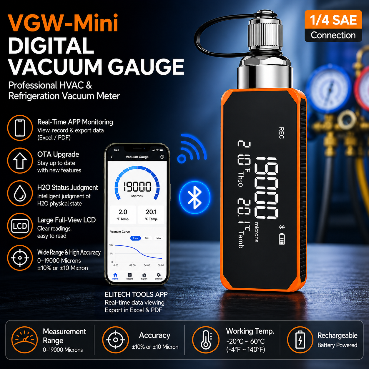 VGW-Mini デジタル真空計 HVAC 冷凍ミクロンゲージ 1/4 SAE 充電式 APP 真空計、OTA アップグレードサポート