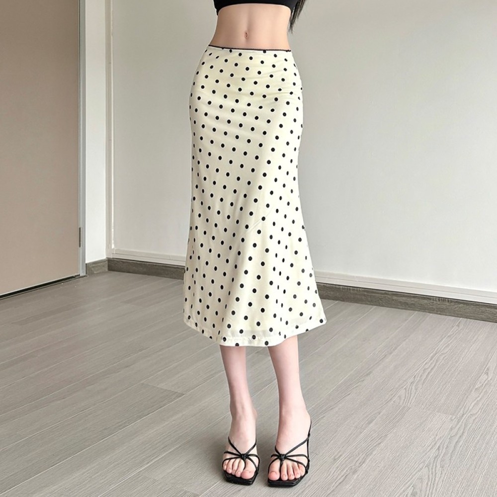 SylCue ポルカドットプリントミッドスカート女性の夏のトレンド弾性ウエストスウィートガールストリートファッション多用途 Y2K スタイルエレガントなクローティング