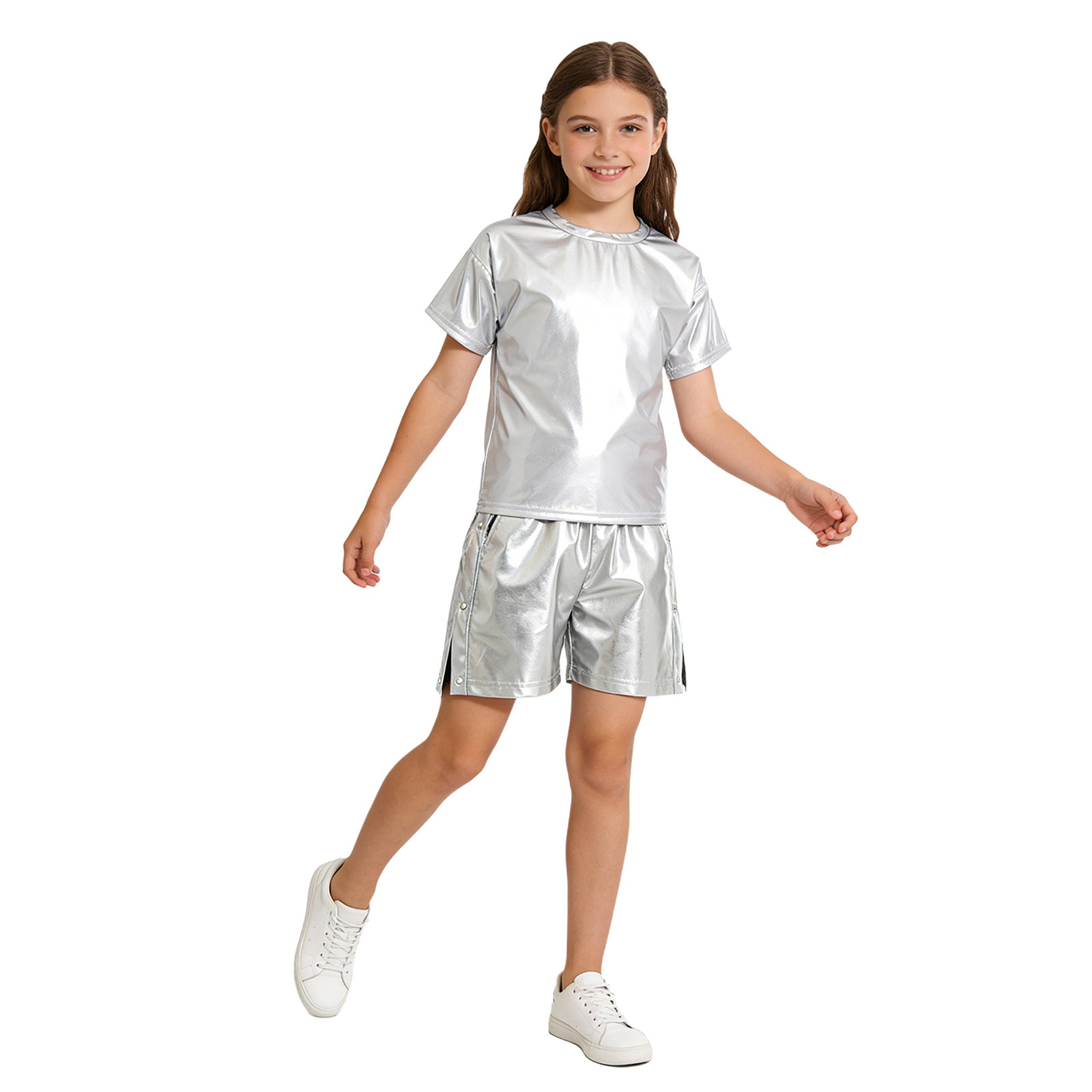 キッズ ガールズ ボーイズ ヒップホップ ダンス パーティー パフォーマンス コスチューム 半袖 メタリック Tシャツ トップス ショーツ セット ジャズ ダンス ストリートウェア