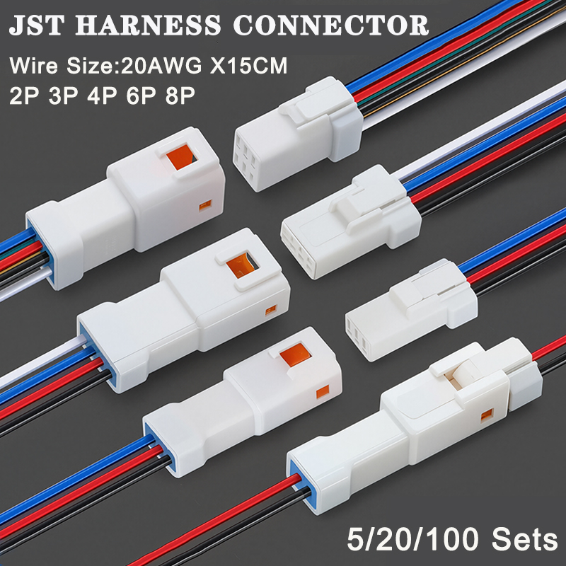 5/20/100 セット防水 JST JWPF コネクタ 2p/3p/4p/6p/8p プラグソケット 20awg/0.5m ² ワイヤーハーネス 02t/02r/03t/03r と 15 センチメートルワイヤー
