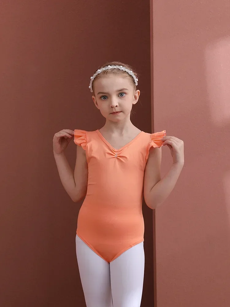 キッズ幼児バレエ衣装服十字バックフリルスリーブ流れるレオタード体操ボディスーツバレリーナ夏 Prctice トップ