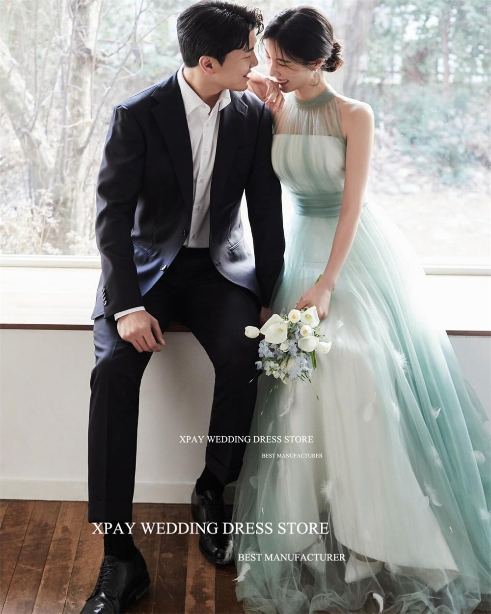 XPAY フェアリーセージグリーンチュール韓国 A ラインイブニングドレスホルターネック結婚式の写真撮影コルセットフォーマル誕生日パーティードレス