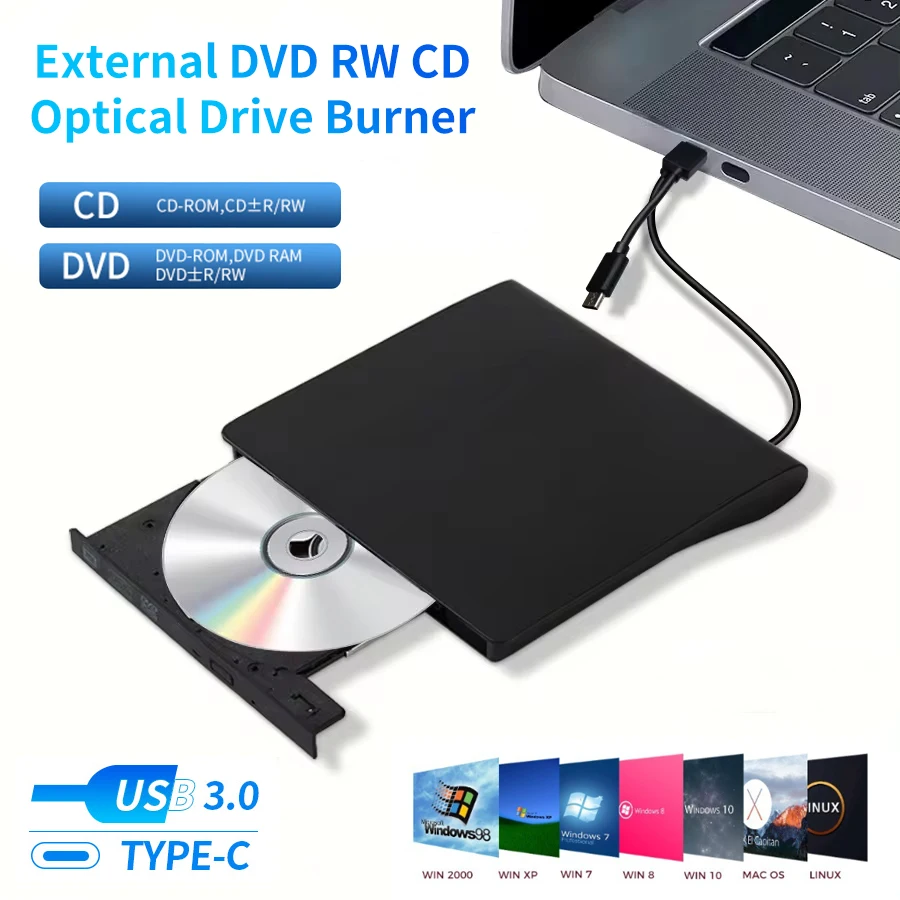 2 in 1 USB 3.0 Type-C 外部 DVD バーナー スリム RW CD DVD-ROM バーナー ライター リーダー プレーヤー 光学ドライブ トレイタイプ PC ラップトップ用