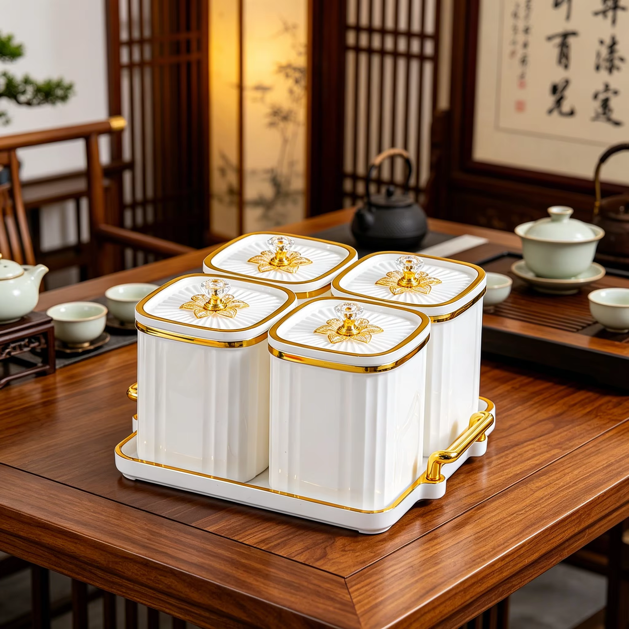 4/6個のトレイ付きホワイト気密保存瓶、蓋付きゴールドトリムキャニスターセット、キッチン用食品容器