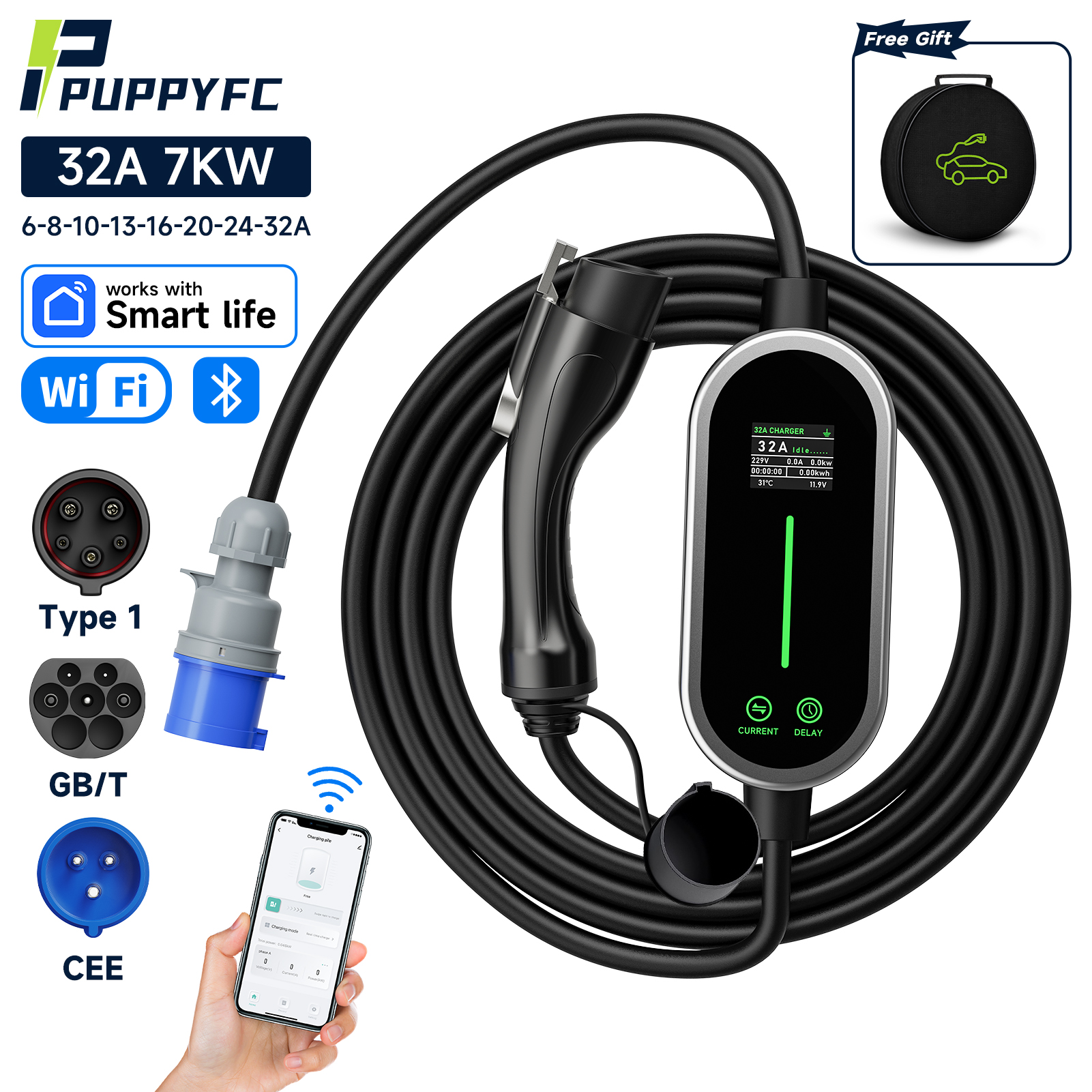 Puppyfc Type1 ポータブル EV 充電器 7KW 32A 1 相 WiFi スマートコントロールウォールボックス Type2/GBT ホーム EVSE CEE プラグ電気自動車用