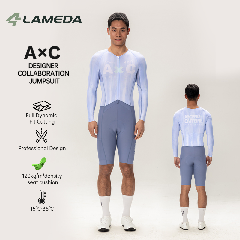LAMEDA 新しいメンズ夏長袖ジャンプスーツサイクリングスーツパッド付き速乾性高弾性通気性プロフェッショナルバイクカバーオールメッシュ
