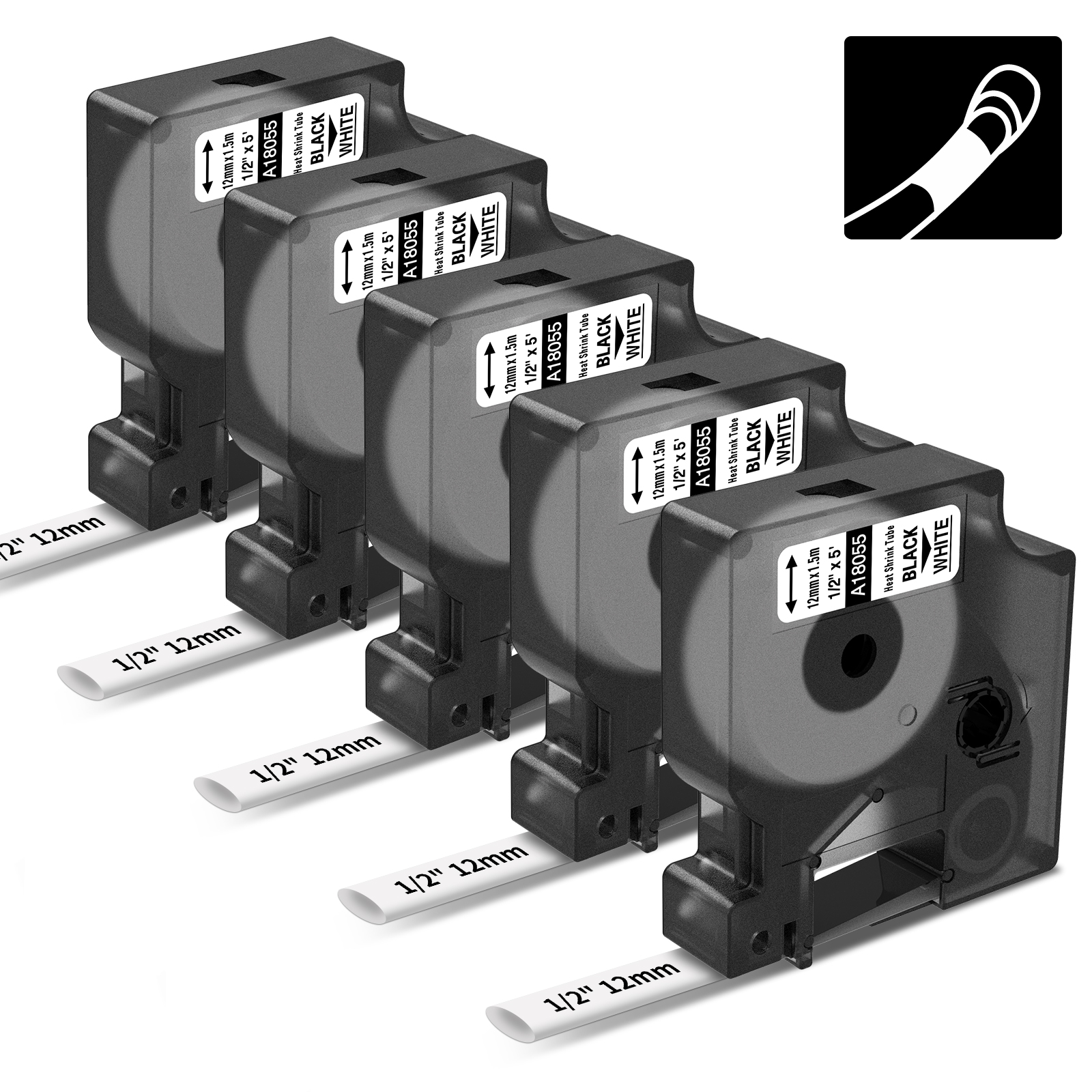 5パック Rhino 熱収縮チューブ 18055 白地に黒 12mm Dymo Rhino 工業用ラベルメーカー ラベルテープ Rhino5200用