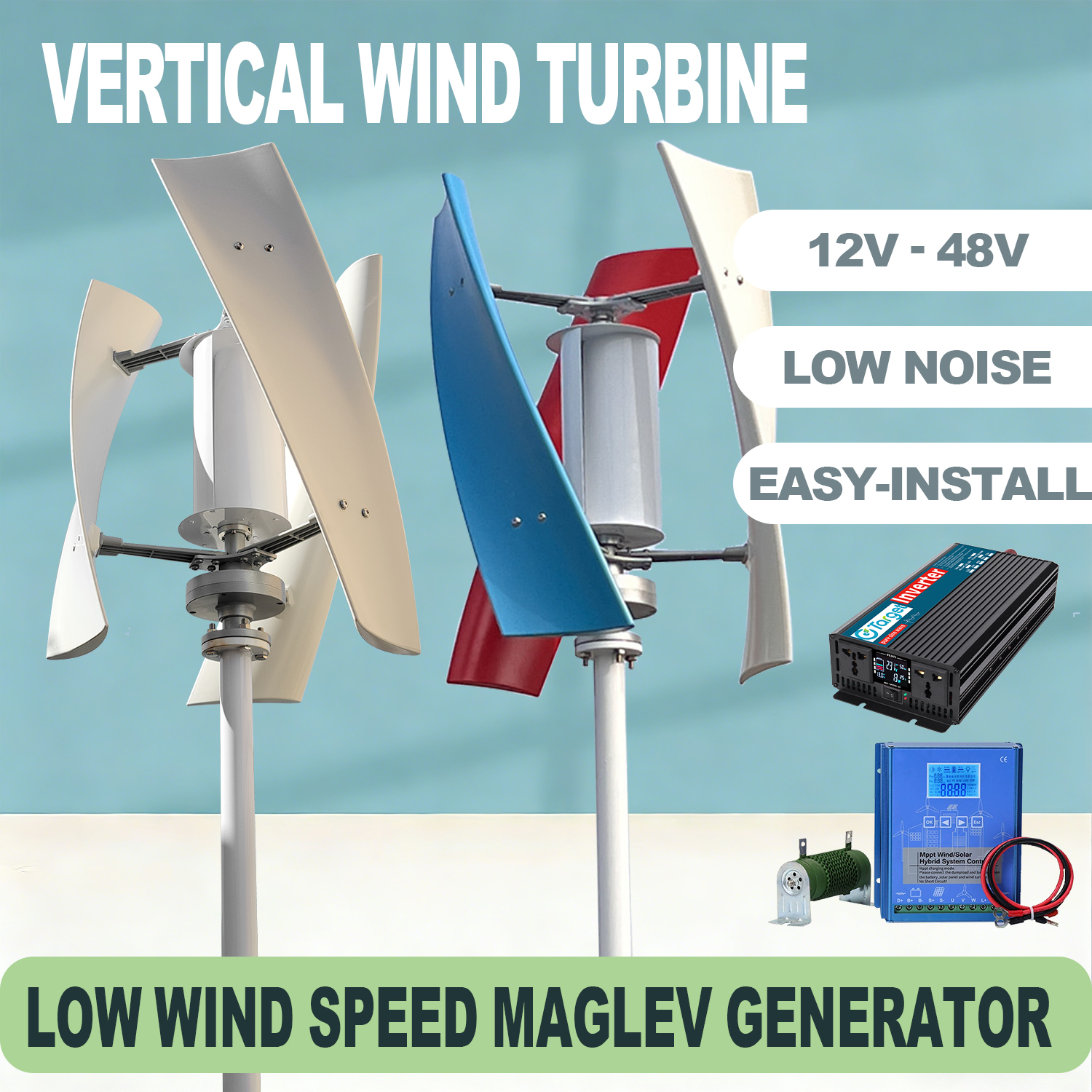 ホーム風力タービン垂直 5000 ワット 12 V 24 V 48 V 10KW 8KW 低始動風速 Mppt ハイブリッドコントローラー付き再生可能フリーエネルギー