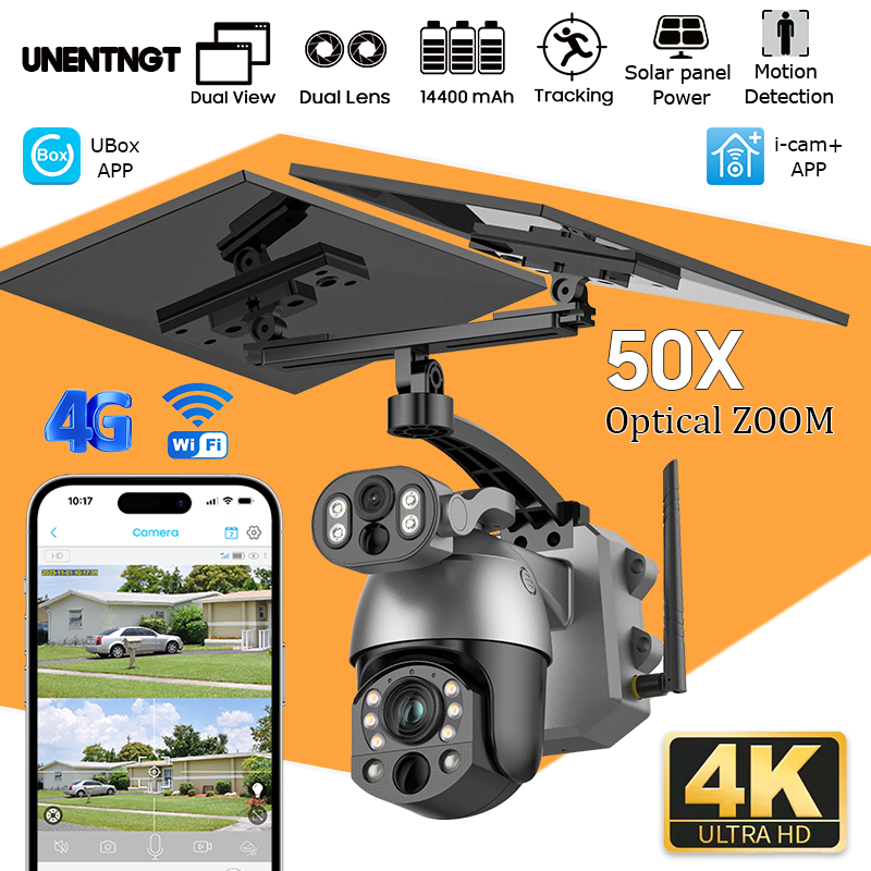 4K 4G SIM ソーラーカメラ 10MP デュアルレンズ 50X ズーム監視 WIFI 屋外 PTZ セキュリティビデオモニター人体検出 CCTV IP カム