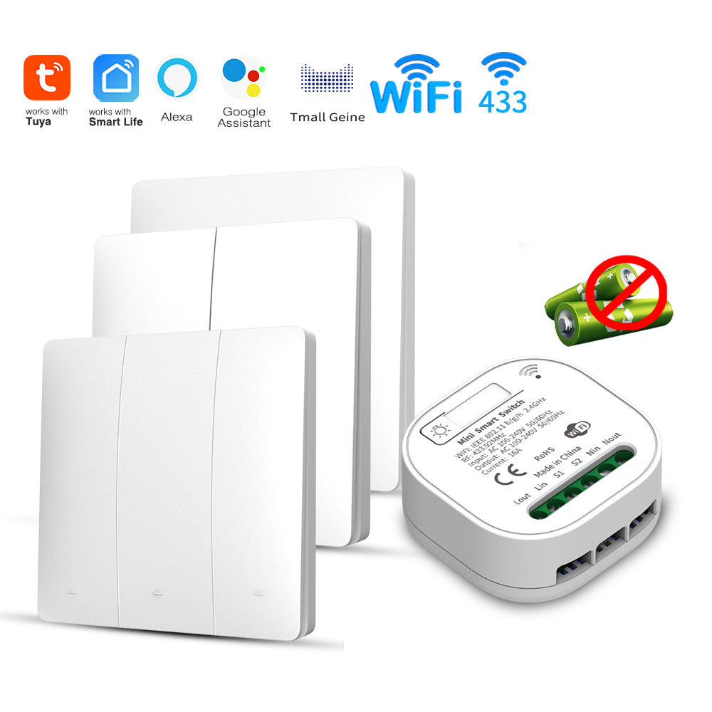 Tuya WiFi スマートセルフパワーライトスイッチ、運動エネルギーバッテリー不要 Alexa Google Home で動作、後付け簡単インストール