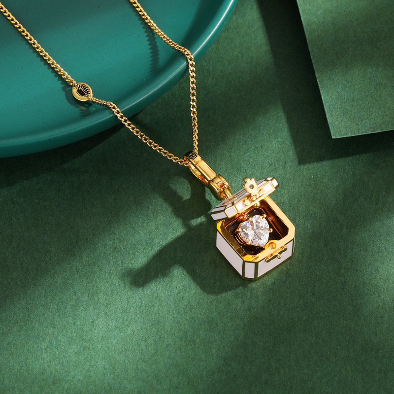 European and American Sweet Fashion Enamel Pink Can Be Opened Heart Jewelry Box Pendant Exquisite Versatile Pendant Necklace